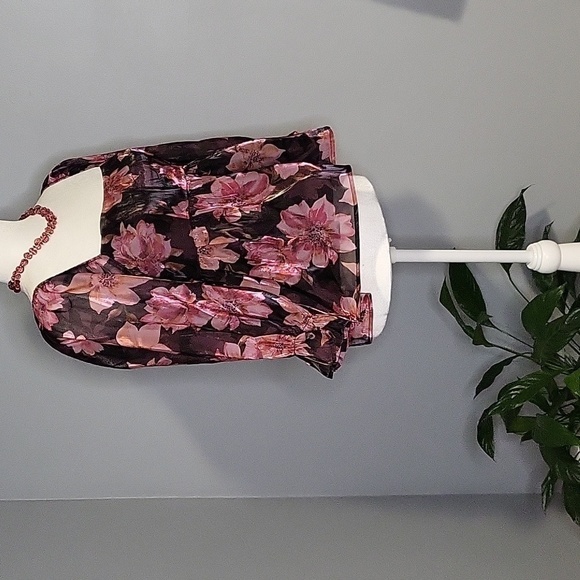 Thirty Thirty Pink Floral Babydoll Sheer Balloon Sleeve Iridescent Blouse Size M - Picture 2 of 12